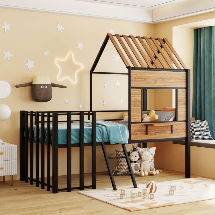 Metal Twin Size Loft Bed With Roof, Window, Guardrail, Ladder