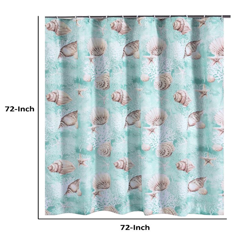 Logan 72 Inch Shower Curtain, Coastal Light Blue Conch Shells Print-Benzara