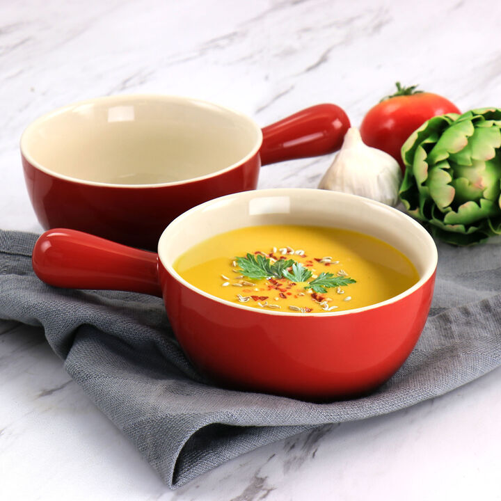 Crock Pot 2 Piece Stoneware 22oz Soup Bowl Set with Long Handle in Gradient Red