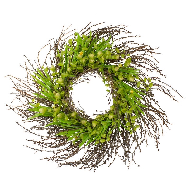 20-Inch Green and Yellow Flower Buds  Leaves and Twigs Artificial Floral Wreath