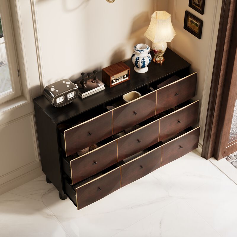 FUFU&GAGA Modern Dark Brown 9-Drawer Buffet Cabinet, Stylish Storage for Dining Room or Kitchen (59"W x 40.6"H x 15.2"D), Dark Brown