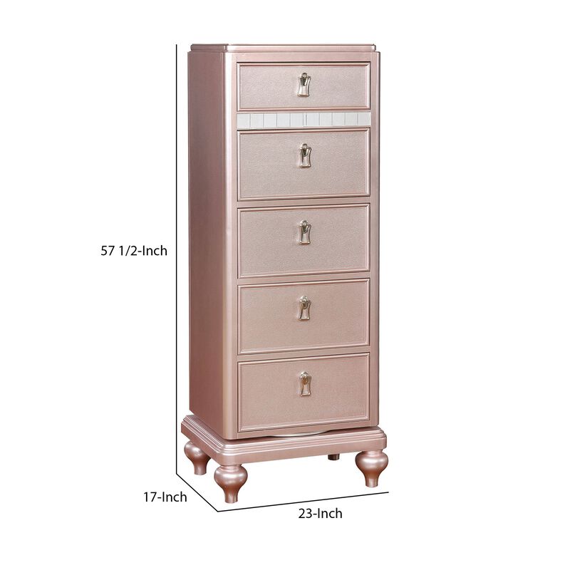 Wooden Frame 5 Drawer Swivel Chest with Mirror Trim, Rose Gold-Benzara