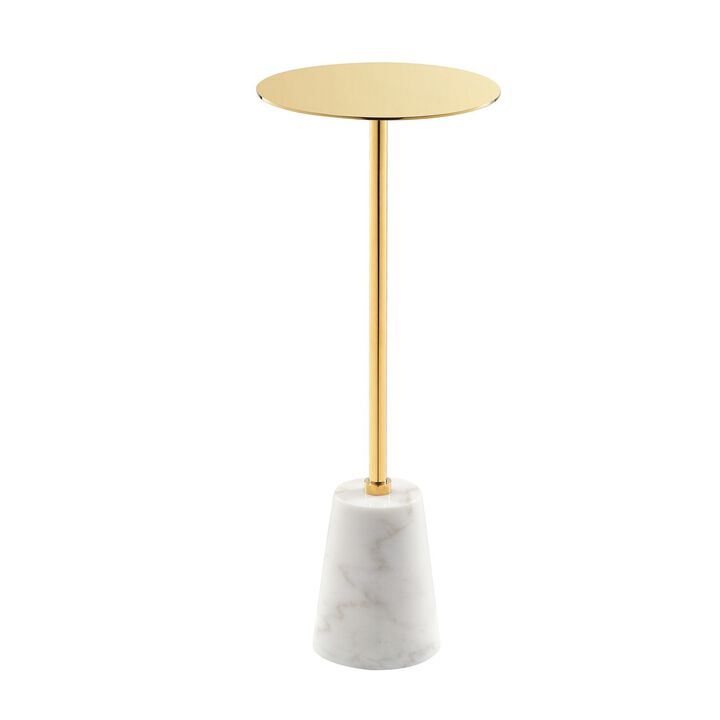 Sen 8 Inch Side End Drink Table, Round, White Genuine Marble, Gold Finish - Benzara