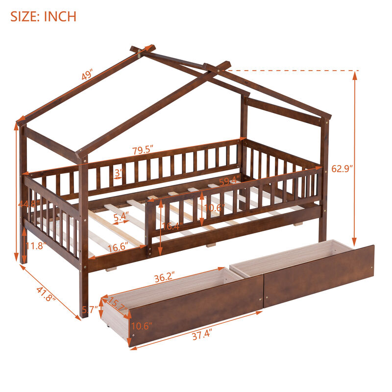 Streamdale Twin Size Wooden House Bed With Two Drawers, Walnut