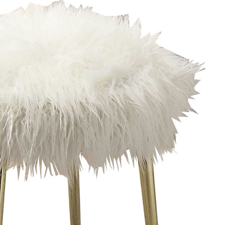 Faux Fur Upholstered Contemporary Metal Ottoman, White and Gold-Benzara