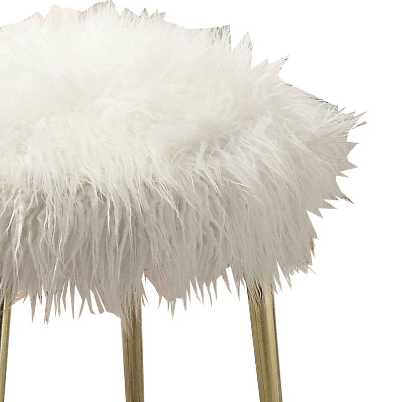 Faux Fur Upholstered Contemporary Metal Ottoman, White and Gold-Benzara