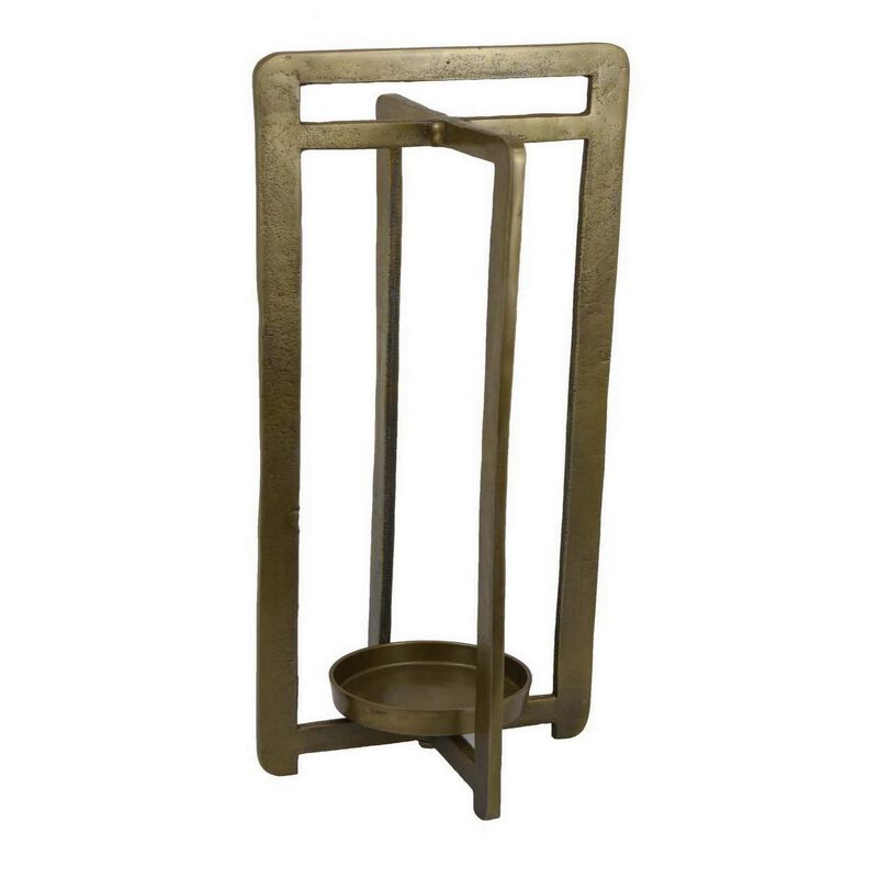Eya 25 Inch Modern Tabletop Candle Lantern with Round Plate, Gold Metal  - Benzara