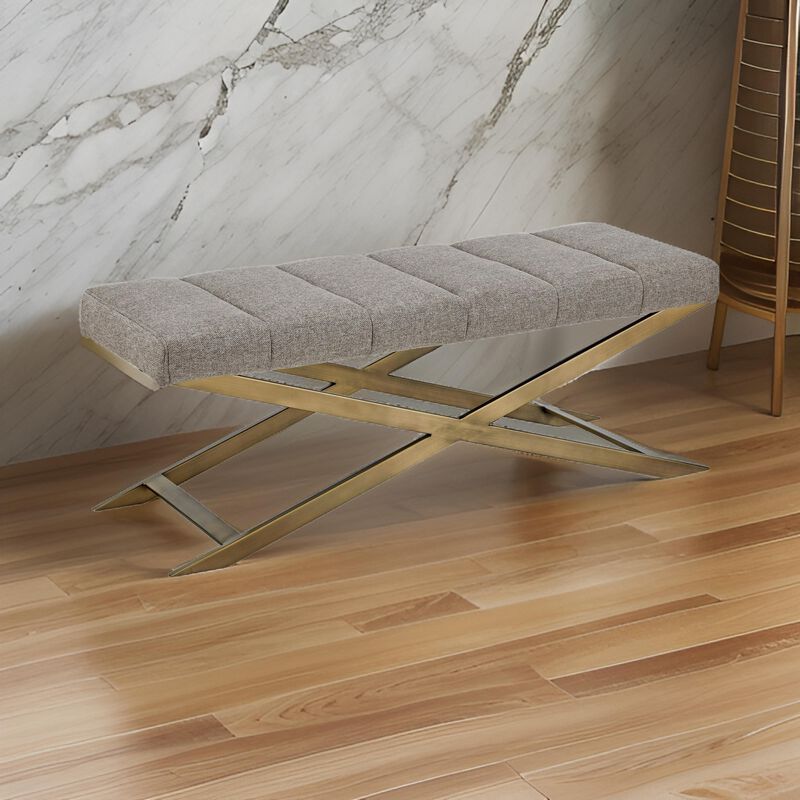 Cid Shia 47 Inch Accent Bench, Tufted Gray, X Shape Brushed Brass Legs - Benzara