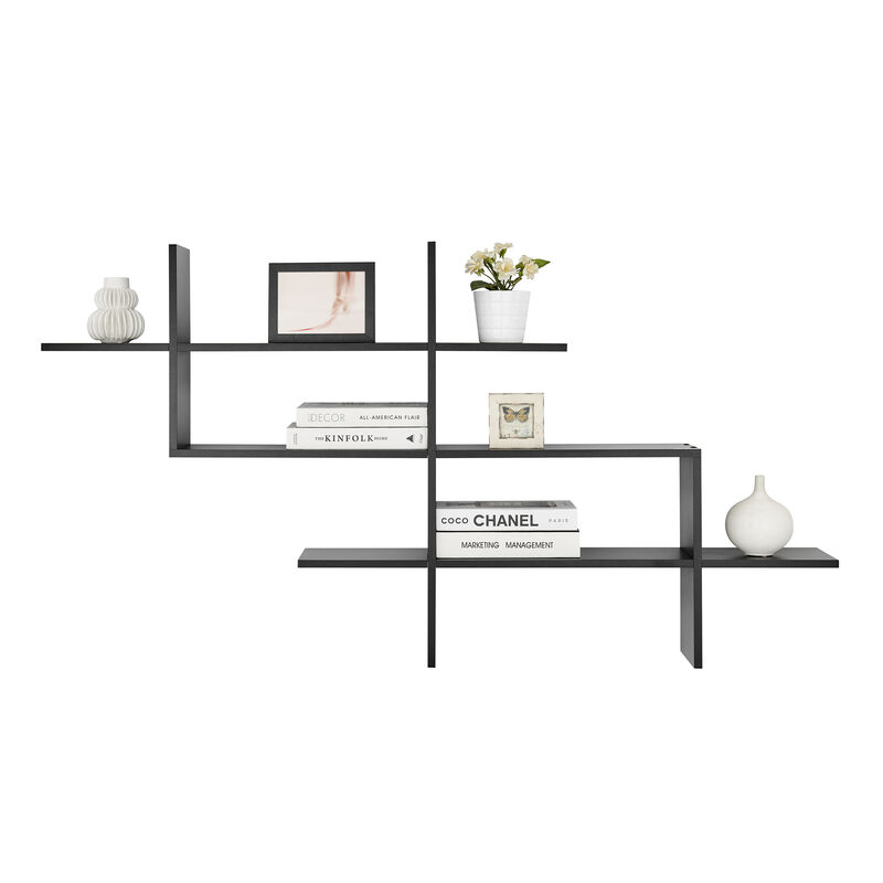 3-Tier Rustic Hanging Wall Mount Floating Ladder Accent Shelf with Criss Cross Asymmetrical Modern Design