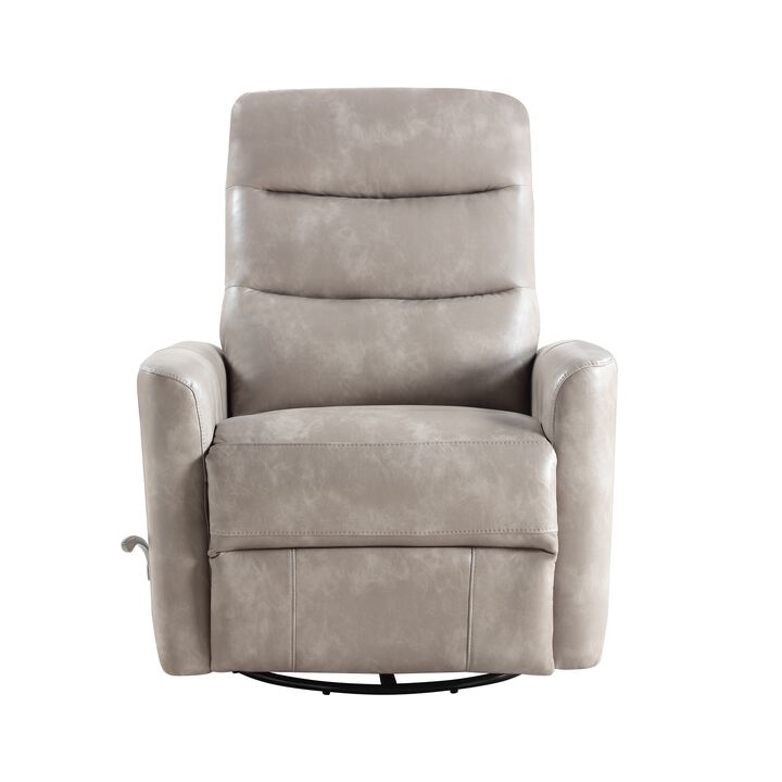 Aki Swivel Manual Recliner Chair, Adjustable Rest, Gray Faux Leather - Benzara
