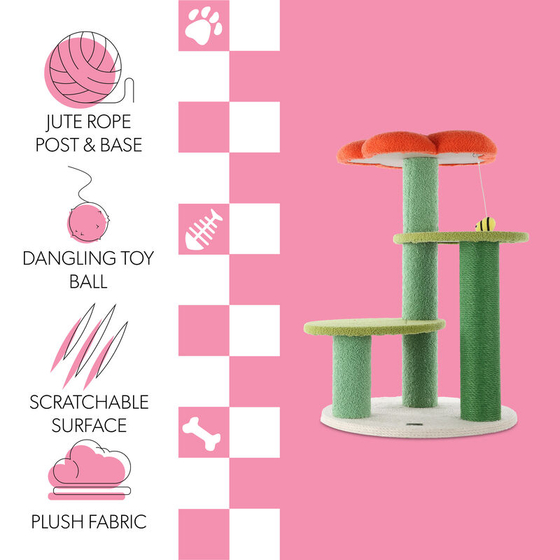 Poppy 3-Tier Modern Jute Flower Cat Tree with Dangling Toy