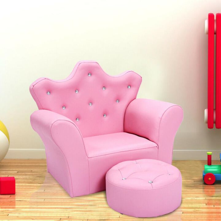 Hivvago  Children Upholstered Princess Sofa with Ottoman and Diamond Decoration for Boys and Girls