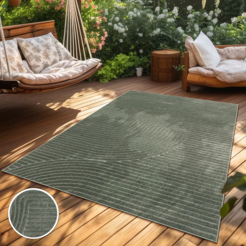 Modern Area Rug Minimalist Design with Curved Line Pattern in Cream / Green
