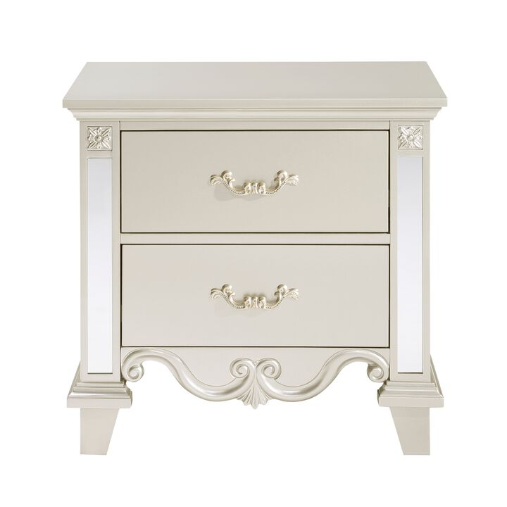 Xeni 28 Inch Nighstand, 2 Drawers, Scrolled and Mirror Accent, Champagne - Benzara