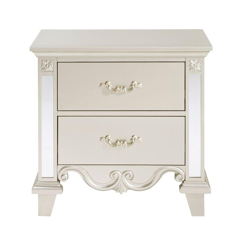 Xeni 28 Inch Nighstand, 2 Drawers, Scrolled and Mirror Accent, Champagne - Benzara