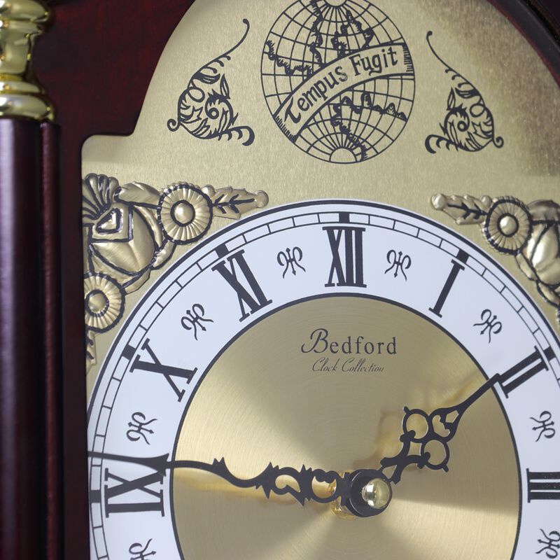 Bedford Collection 25 Inch Wall Clock with Pendulum and Chime in Dark Redwood Oak Finish