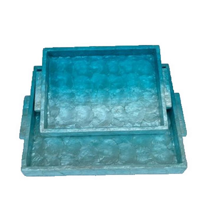 Decorative Tray Set of 2, 18 Inch Rectangular Ombre Blue Capiz Details - Benzara