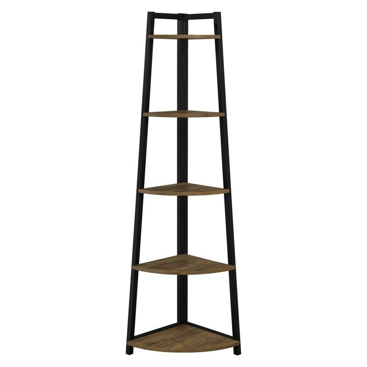 5 Tier Wooden Corner Bookcase with Metal Frame, Brown and Black-Benzara
