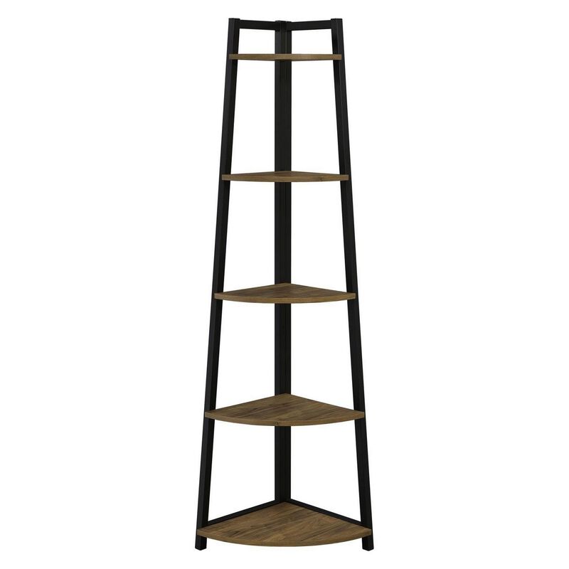 5 Tier Wooden Corner Bookcase with Metal Frame, Brown and Black-Benzara