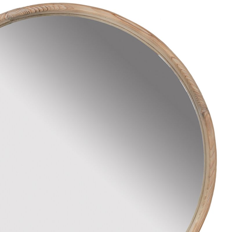 28 Inch Round Wall Mount Accent Mirror, Natural Fir Wood with Subtle Grains-Benzara