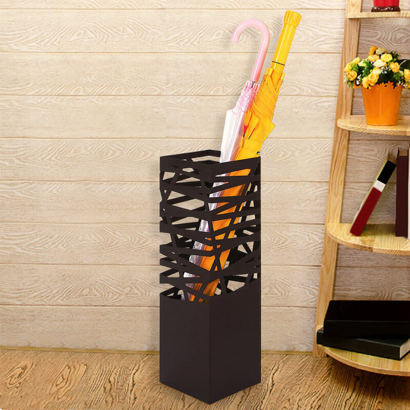 Square Metal Umbrella Stand Rack – Brown Free-Standing Holder for Canes and Walking Sticks with 2 Hooks
