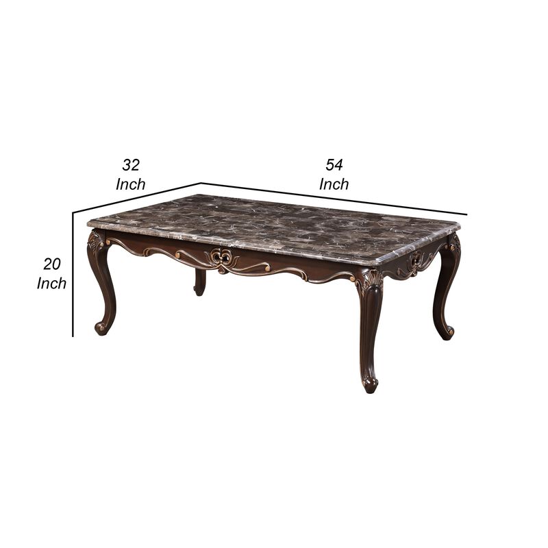 Cona 54 Inch Cocktail Coffee Table, Carved Gold Accent, Cherry Brown, Gray - Benzara
