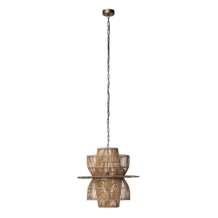 24 Inch Rattan Pendant Chandelier, Natural Brown, Brass-Benzara