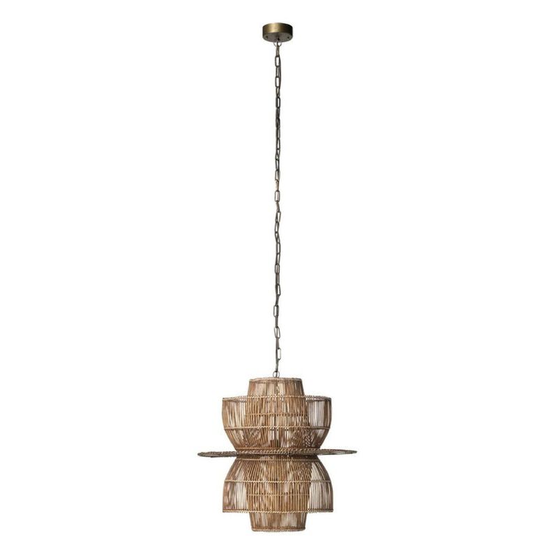 24 Inch Rattan Pendant Chandelier, Natural Brown, Brass-Benzara