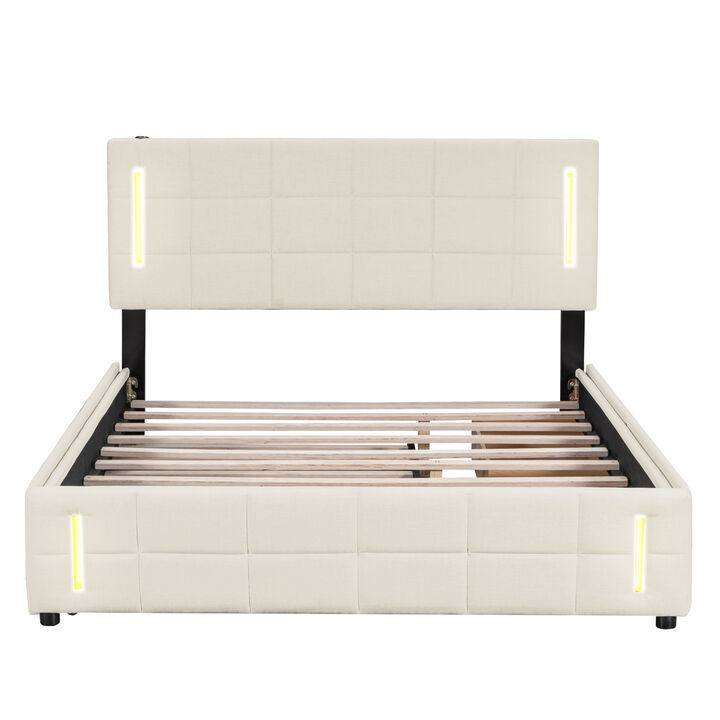 Merax Linen Platform Bed with Trundle and Drawers