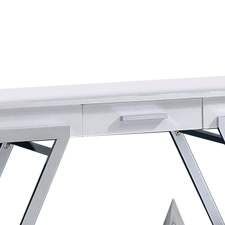 Tius 48 Inch Sofa Table, Open Shelf, Chrome Frame, High Gloss White Finish - Benzara