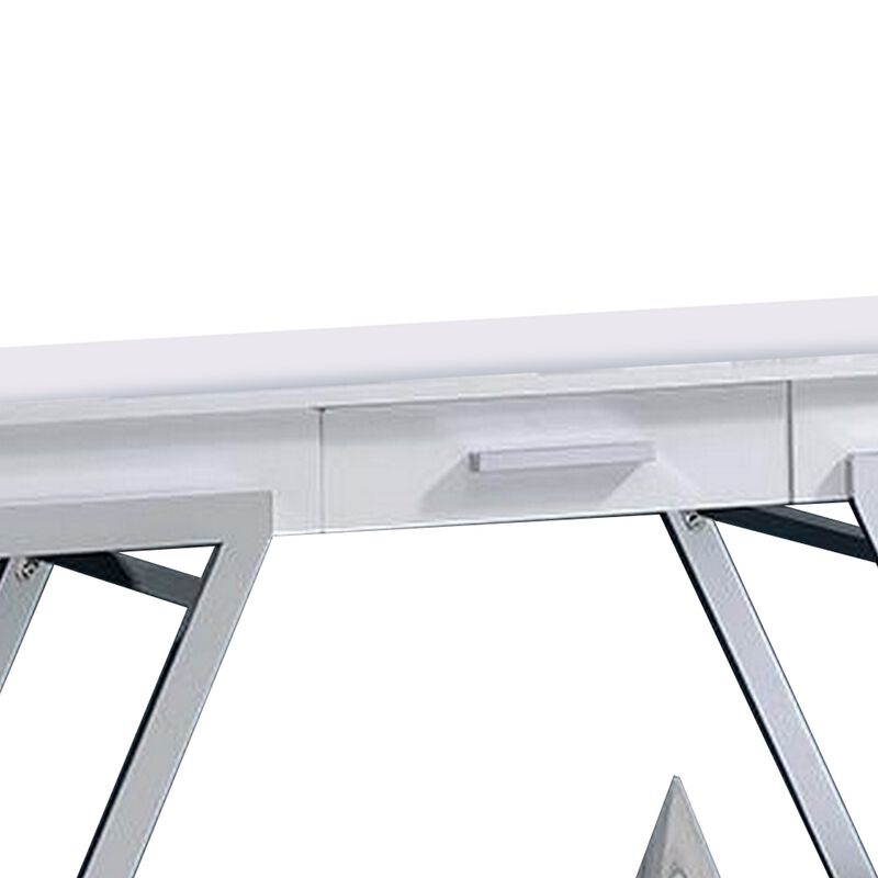 Tius 48 Inch Sofa Table, Open Shelf, Chrome Frame, High Gloss White Finish - Benzara