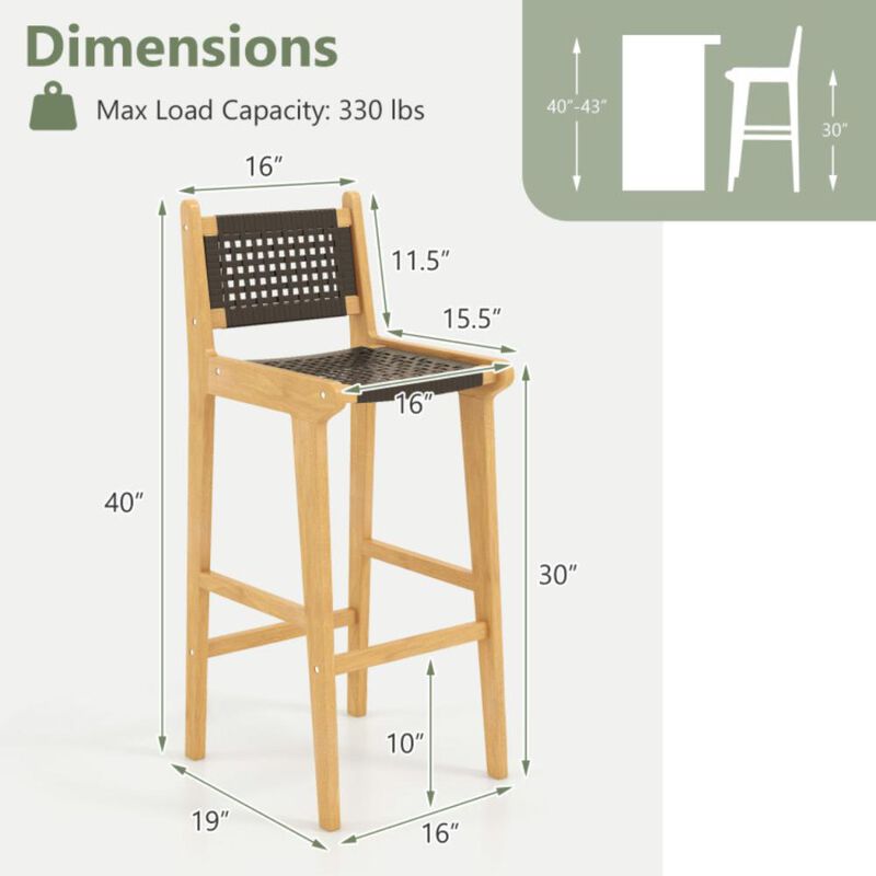Hivvago 30 Inch Rattan Teak Wood Bar Stool with Backrest and Footrest