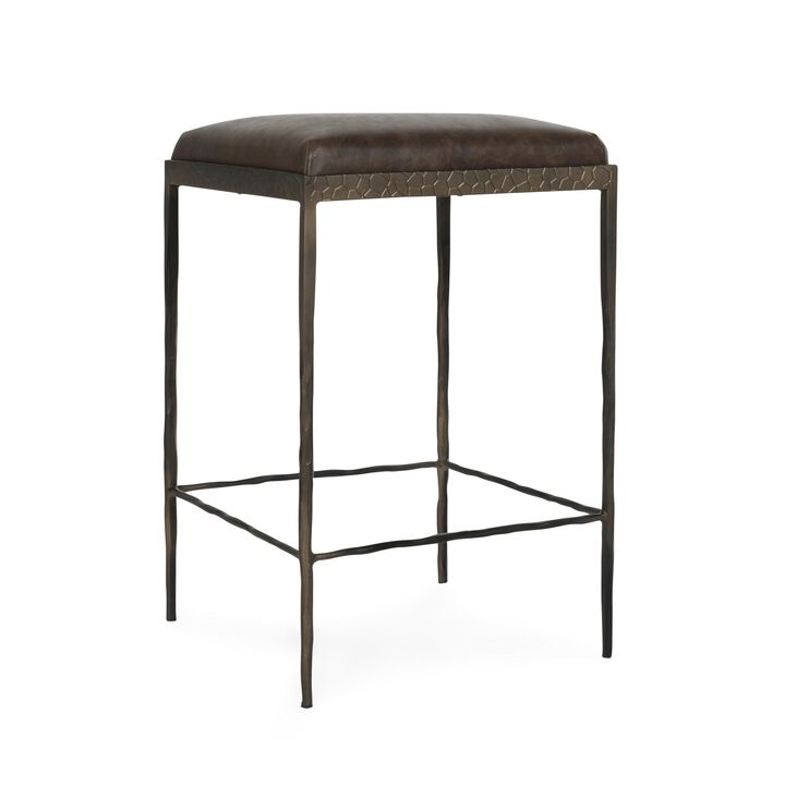 Ocea Counter Stool with Cocoa Brown Leather Seat, Textured Iron Legs - Benzara