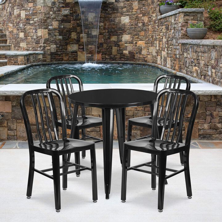 Flash Furniture Commercial Grade 30" Round Black Metal Indoor-Outdoor Table Set with 4 Vertical Slat Back Chairs