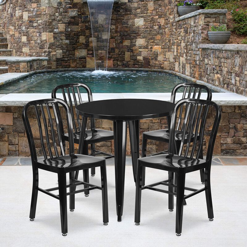 Flash Furniture Commercial Grade 30" Round Black Metal Indoor-Outdoor Table Set with 4 Vertical Slat Back Chairs