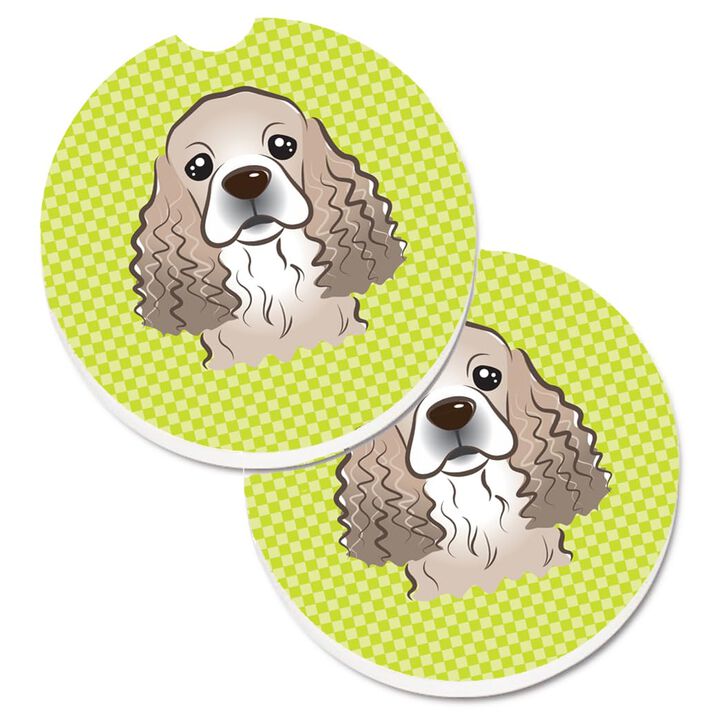 Caroline's Treasures Checkerboard Lime green Cocker Spaniel Set of 2 Cup Holder Car Coasters BB1278CARC, 2.56, Multicolor