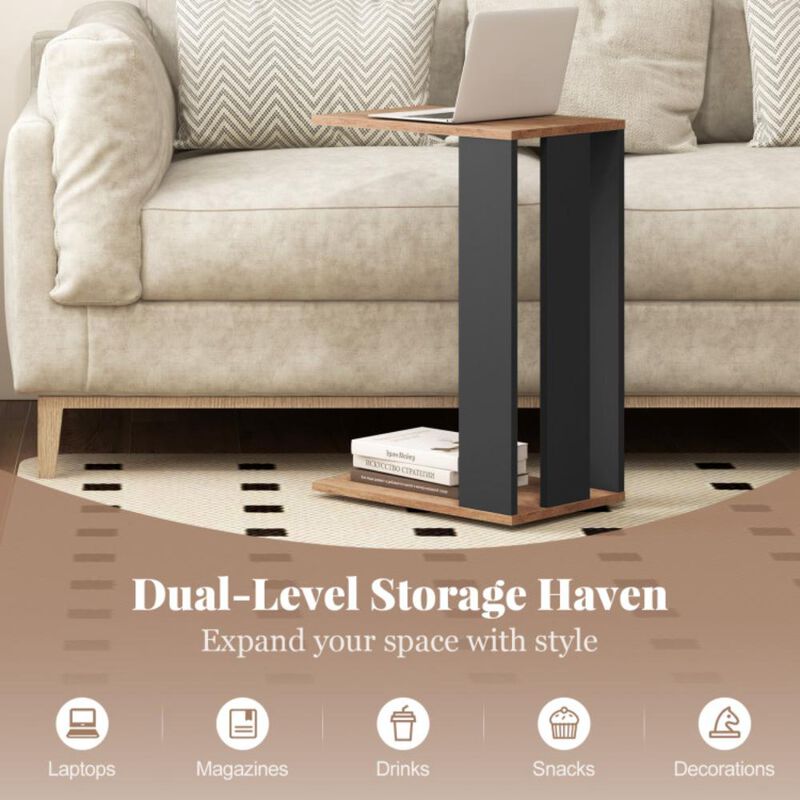 Hivvago 2-Tier C-Shaped Side Table with Universal Wheels and Shelf-Rustic Brown
