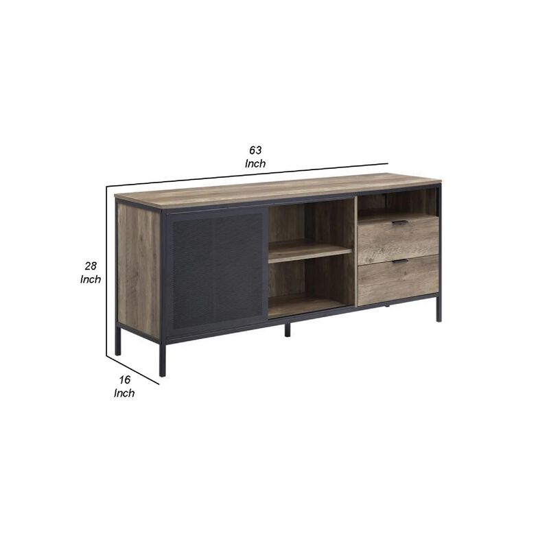 TV Stand with Metal Frame, Rustic Oak Brown and Black-Benzara