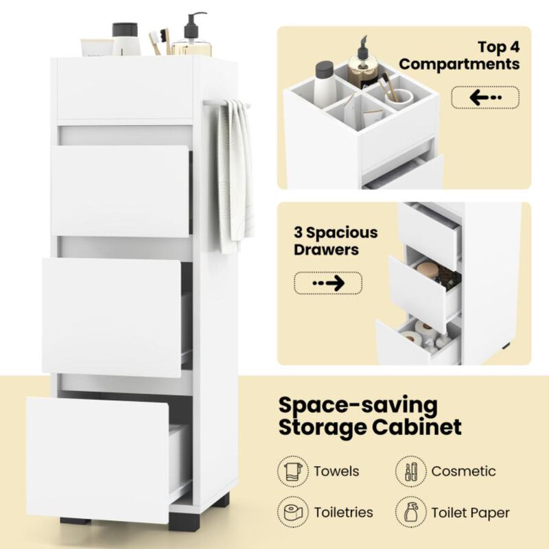 Hivvago Bathroom Floor Cabinet with 3 Drawers  4 Top Dividers and 1 Towel Rack-White