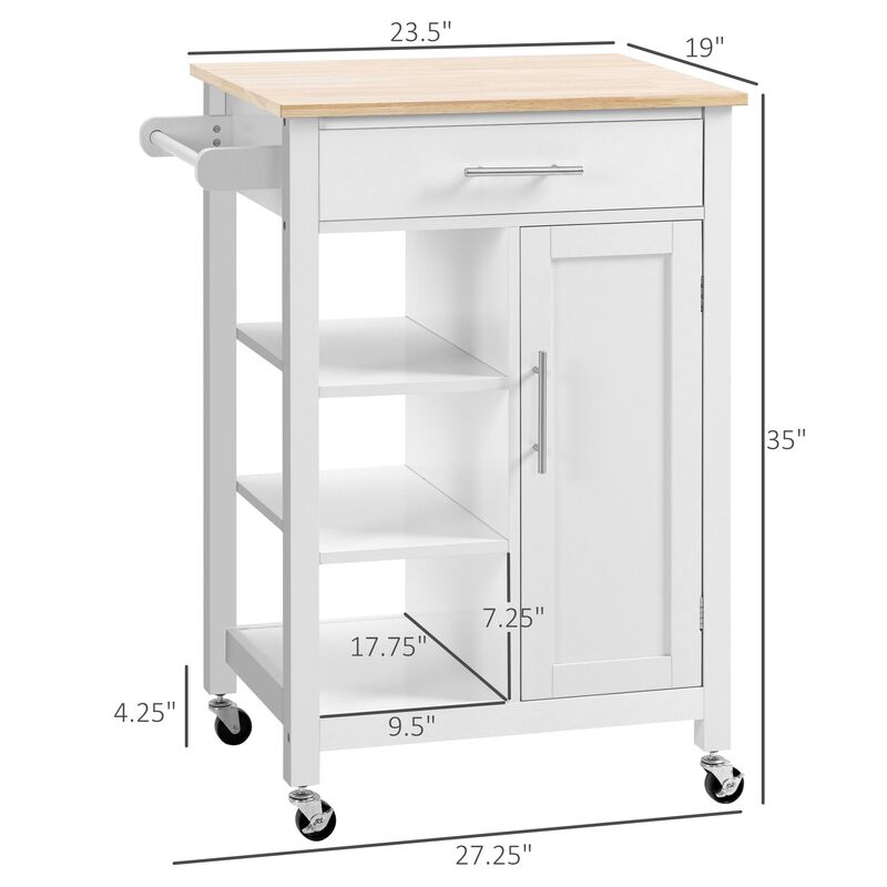 White Kitchen Island: Compact Rolling Cart with Shelf & Drawer