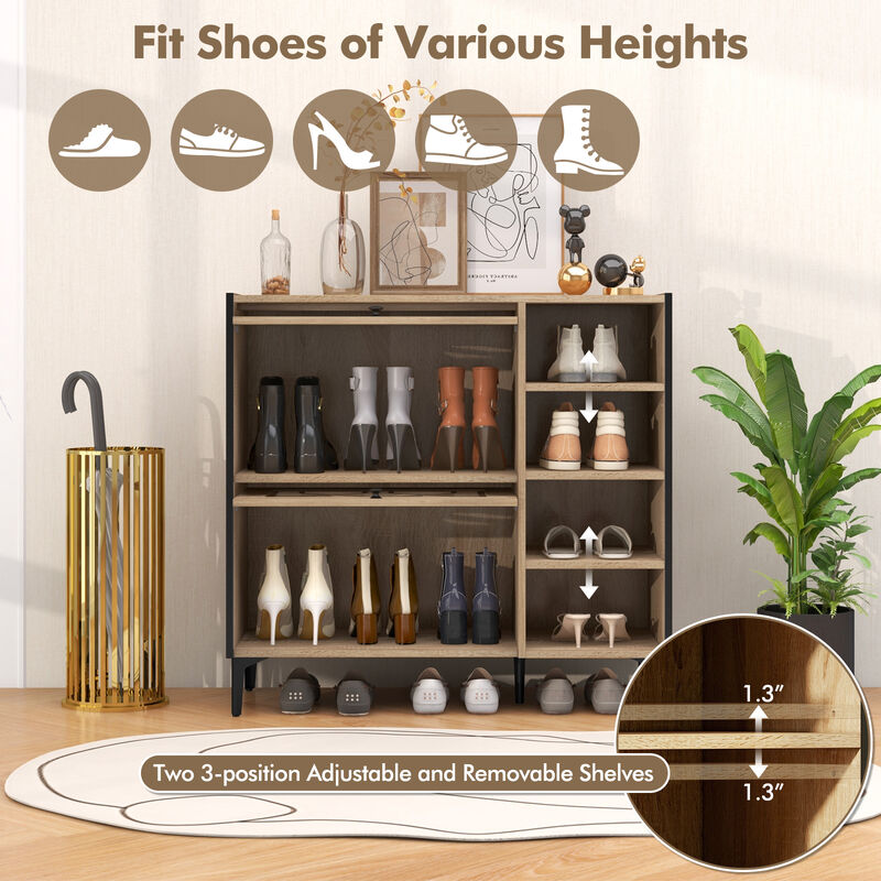 Rustic Shoe Cabinet with Flip-up See-through Doors and Adjustable Shelves