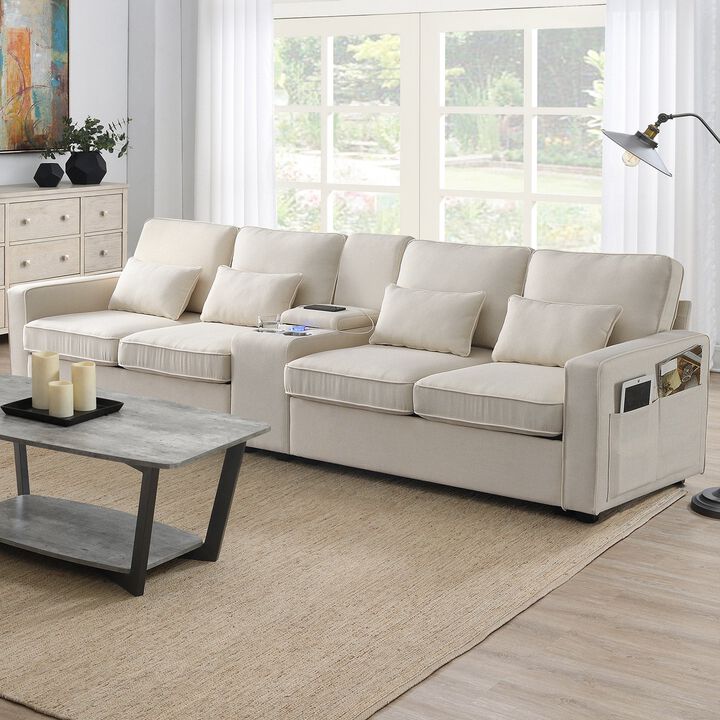 MONDAWE 4-Seat Upholstered Sofa with Console, 2 Cupholders and 2 USB Ports Wired or Wirelessly Charged, Modern Linen Fabric Couches with 4 Pillows for Living Room, Apartment