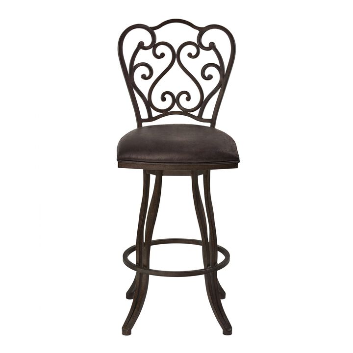 Metal Scroll Design Open Back Barstool with Fabric Padded Seat, Gray - Benzara