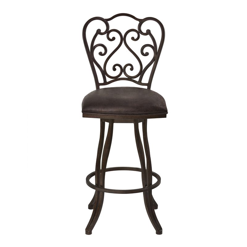 Metal Scroll Design Open Back Barstool with Fabric Padded Seat, Gray - Benzara