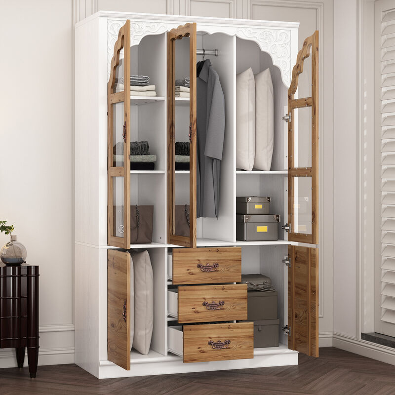 75.7 in. H Paint Finish Wooden Accent Storage Cabinet in Brown and White, Rustic Style, With Mirror Doors and Drawer