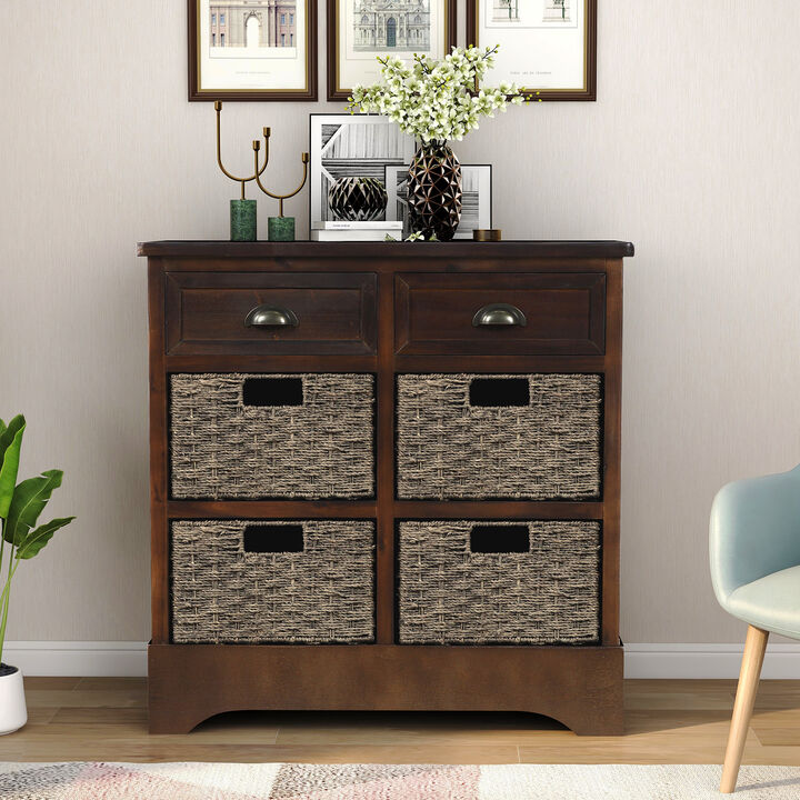 Rustic Storage Cabinet With Two Drawers And Four Classic Rattan Basket