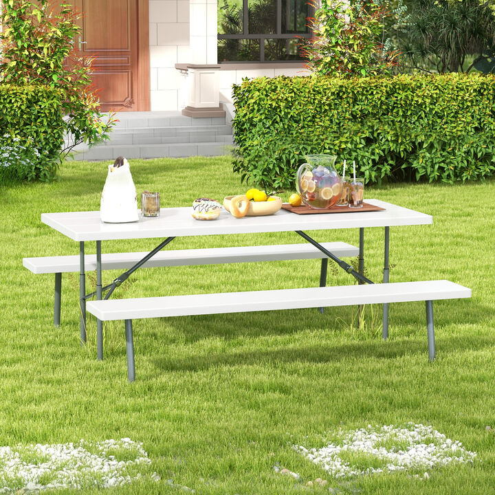 Folding Picnic Table Set with Metal Frame, All-Weather HDPE Tabletop, and Umbrella Hole