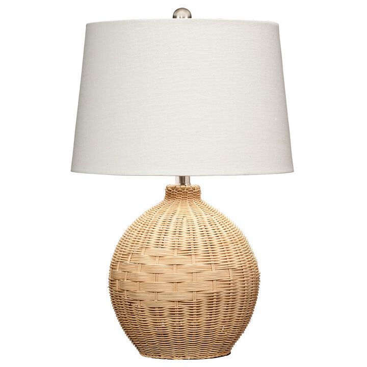 Cape 22 Inch Contemporary Rattan Table Lamp, Hand Woven, Linen Shade, Brown-Benzara
