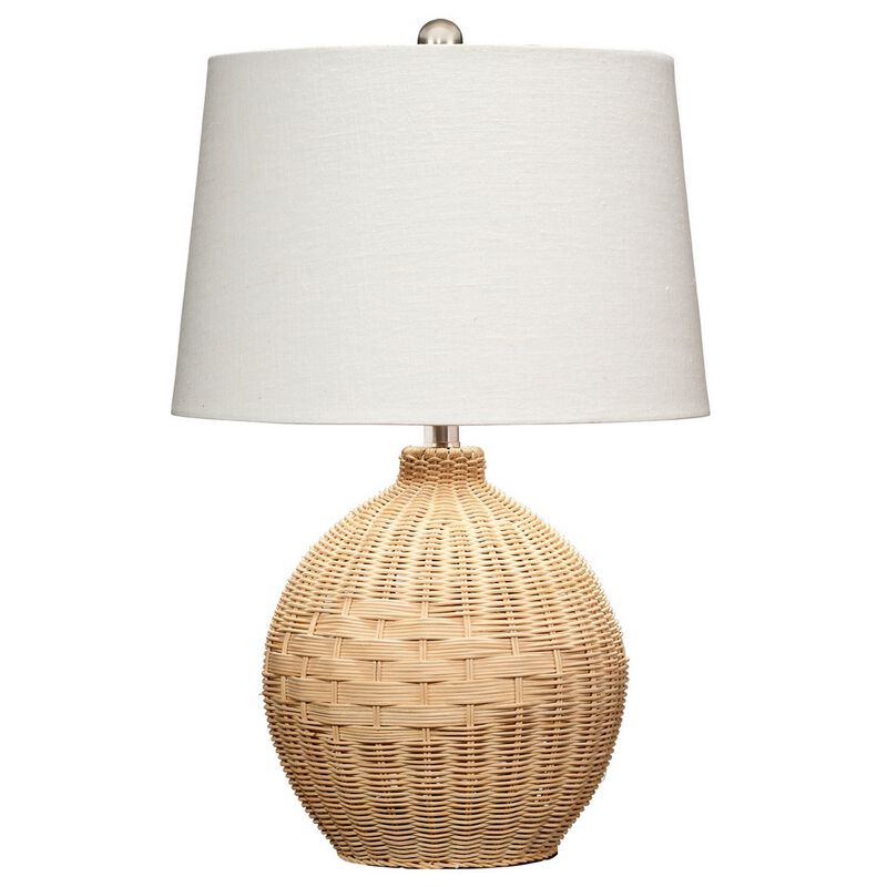 Cape 22 Inch Contemporary Rattan Table Lamp, Hand Woven, Linen Shade, Brown-Benzara