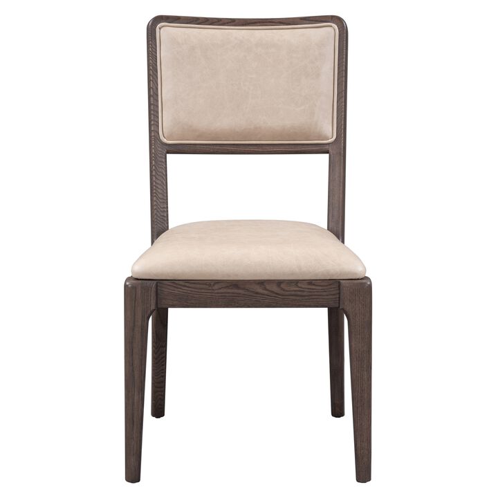 Ese 25 Inch Dinning Chair, Beige Real Leather, Open Style, Brown Solid Wood - Benzara